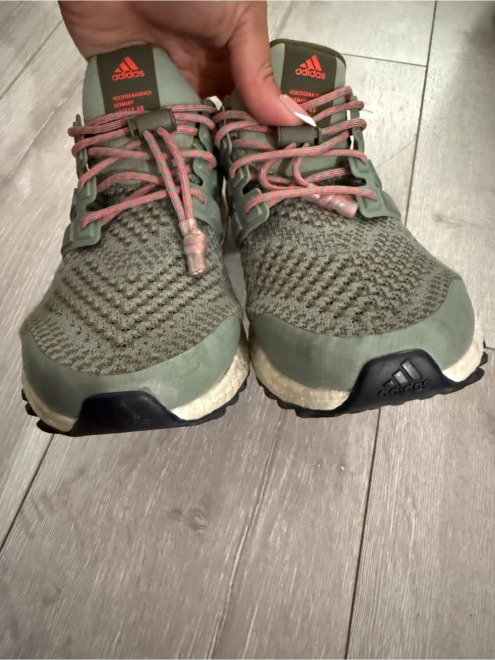 adidas Olive Green Knit Running Shoe with Coral Highlights - Picture 4 of 5